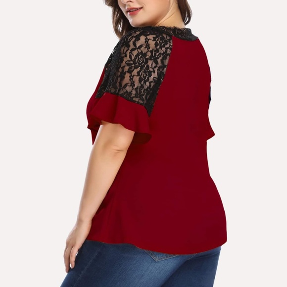 PLUS SIZE V neck Lace Flutter Sleeve Top Red - Picture 7 of 8